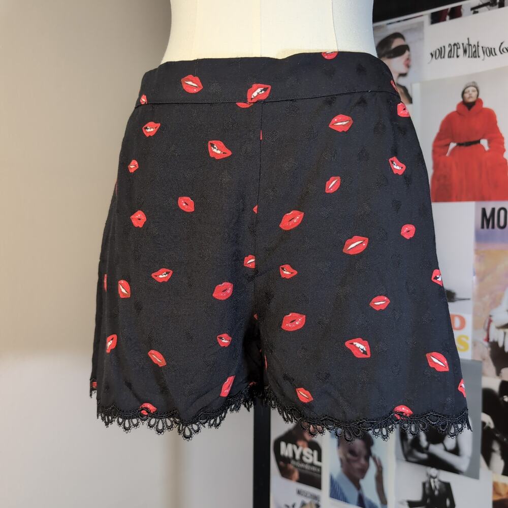 Chloe Rose Black and Red Lips Shorts with Lace Trim